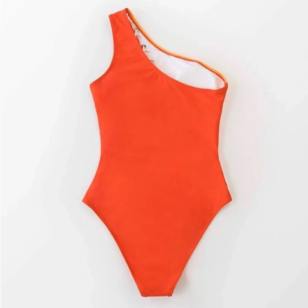 Colorblock One Shoulder Lace Up One Piece Monokini Swimsuit Size L